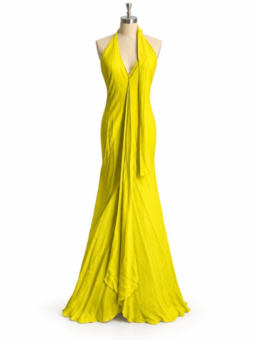 Michelle Farmer Yellow Open-Back Halter Gown - One Size